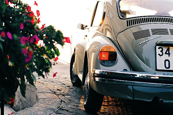 Постер Ретро-автомобиль у цветника с типом исполнения На холсте без рамы