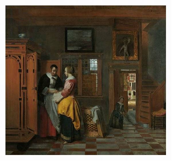 Постер Interior with Women beside a Linen Cupboard, 1663 с типом исполнения На холсте в раме в багетной раме 221-03