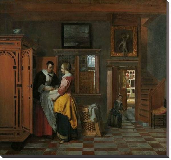 Постер Interior with Women beside a Linen Cupboard, 1663 с типом исполнения На холсте без рамы