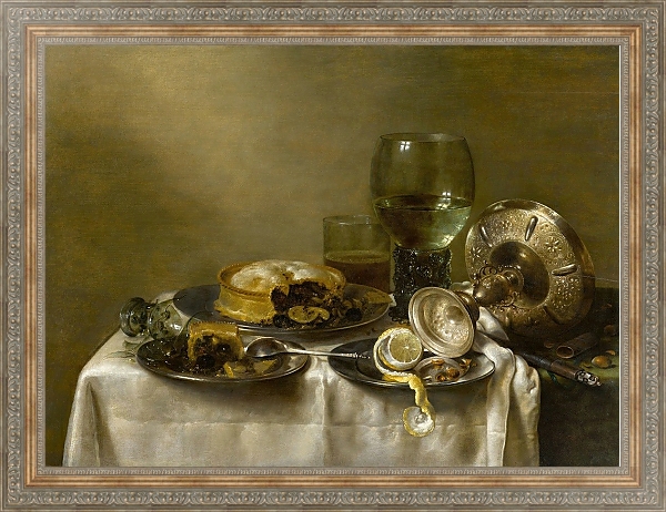 Постер A still life with an overturned silver tazza, glassware, pies and a peeled lemon on a table с типом исполнения На холсте в раме в багетной раме 484.M48.310