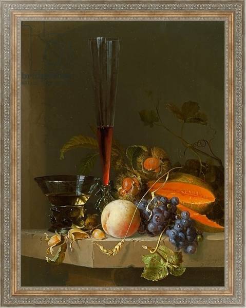 Постер Still life of fruit on a ledge with a roemer and a wine glass с типом исполнения На холсте в раме в багетной раме 484.M48.310
