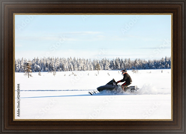 Постер Человек на спортивном снегоходе в финской Лапландии в солнечный день с типом исполнения На холсте в раме в багетной раме 1.023.151