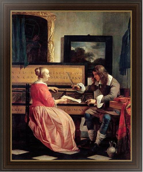 Постер A Man and a Woman Seated by a Virginal, c.1665 с типом исполнения На холсте в раме в багетной раме 1.023.151