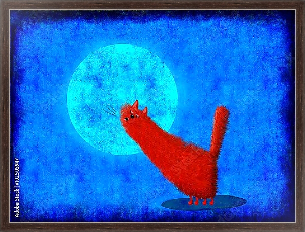 Постер Красный кот воет на луну с типом исполнения На холсте в раме в багетной раме 221-02