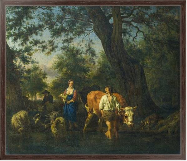 Постер Крестьяне со скотом переходям ручей с типом исполнения На холсте в раме в багетной раме 221-02