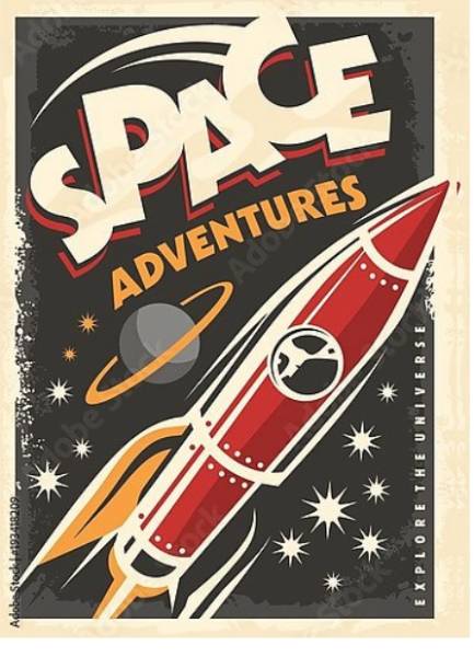 Постер Космические приключения, ретро-постер с космическим кораблем, исследующим вселенную с типом исполнения На холсте без рамы