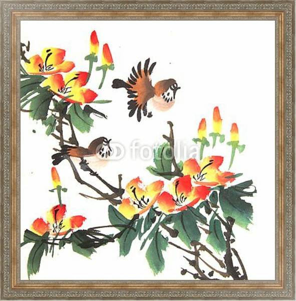 Постер Китайские птички на цветущем кусте с типом исполнения На холсте в раме в багетной раме 484.M48.310