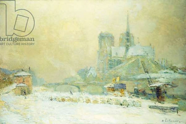 Постер View of Notre Dame, Paris, from the Quai de la Tournelle: Snow Effect; Notre Dame de Paris, Vue du Quai de la Tournelle, Effet de Neige, с типом исполнения На холсте без рамы