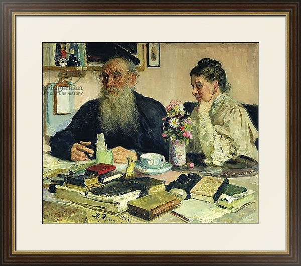 Постер Leo Tolstoy with his wife in Yasnaya Polyana, 1907 с типом исполнения Под стеклом в багетной раме 1.023.036