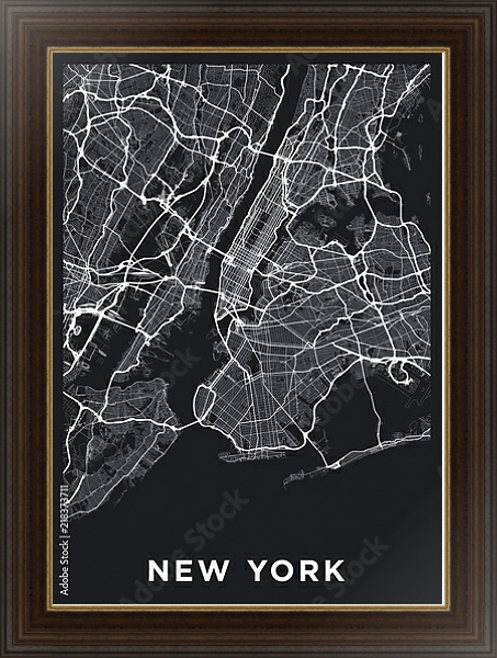 Постер Темная карта Нью-Йорка с типом исполнения На холсте в раме в багетной раме 1.023.151