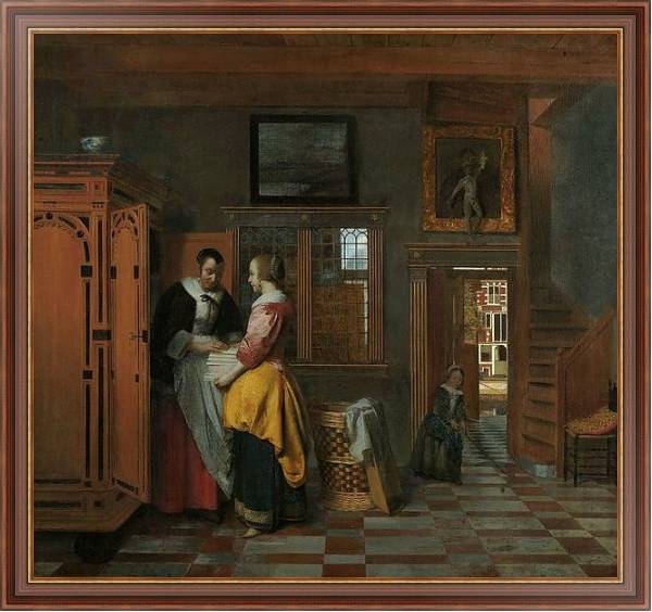 Постер Interior with Women beside a Linen Cupboard, 1663 с типом исполнения На холсте в раме в багетной раме 35-M719P-83