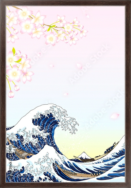 Постер Большие волны и цветы вишни с типом исполнения На холсте в раме в багетной раме 221-02
