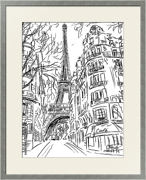 Постер Париж в Ч/Б рисунках #1 с типом исполнения Под стеклом в багетной раме 1727.2510