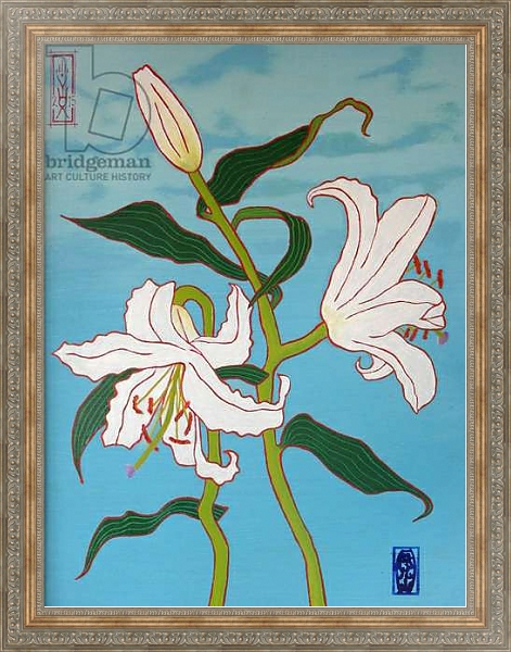 Постер White lily on a blue background, 2010, oil on wood с типом исполнения На холсте в раме в багетной раме 484.M48.310