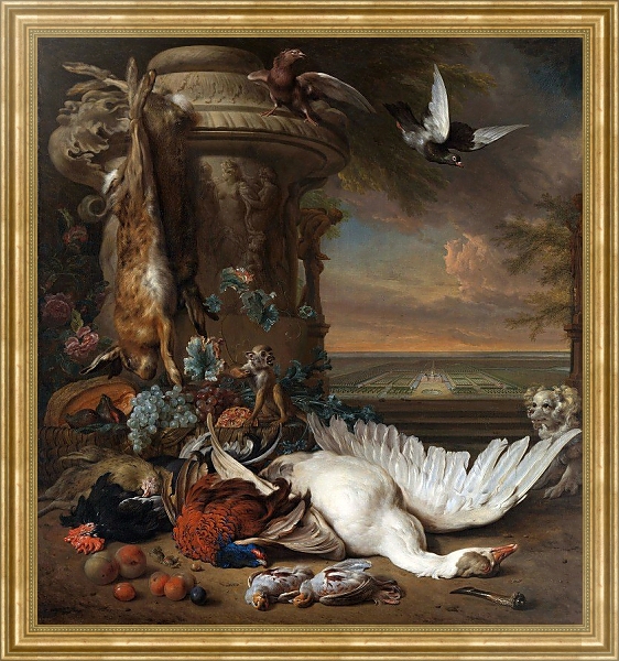Постер Hunting and Fruit Still Life next to a Garden Vase, with a Monkey, Dog and two Doves с типом исполнения На холсте в раме в багетной раме NA033.1.051