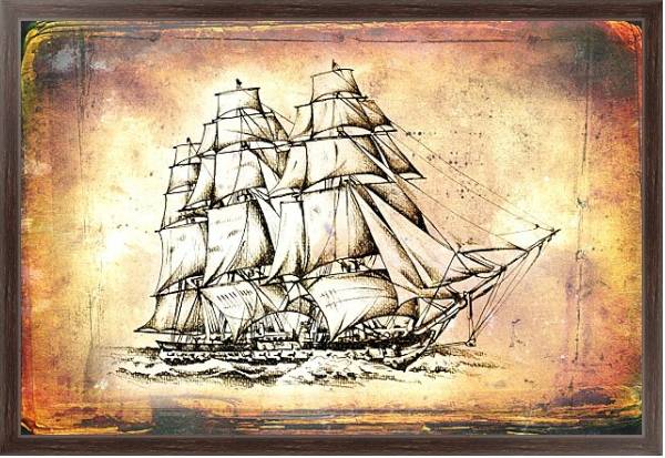 Постер Античный корабль в море, рисунок ручной работы с типом исполнения На холсте в раме в багетной раме 221-02