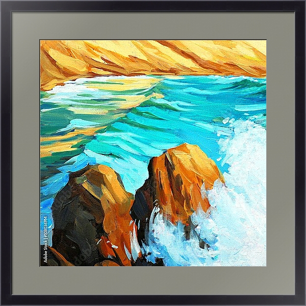 Постер Морской пейзаж с волнами и скалами  с типом исполнения Под стеклом в багетной раме 221-01