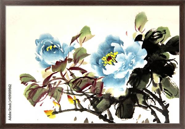 Постер Китайские голубые пионы с типом исполнения На холсте в раме в багетной раме 221-02