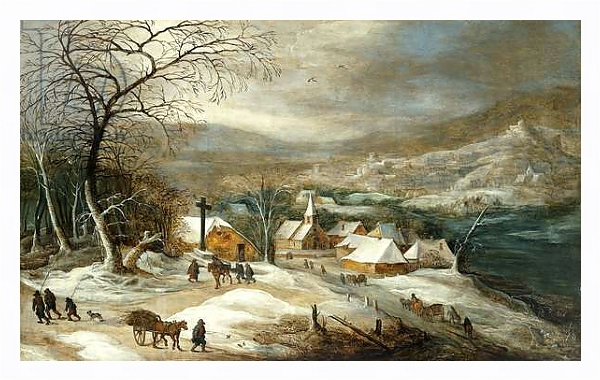 Постер A Winter Landscape, with Figures on a Road by a Village, с типом исполнения На холсте в раме в багетной раме 221-03