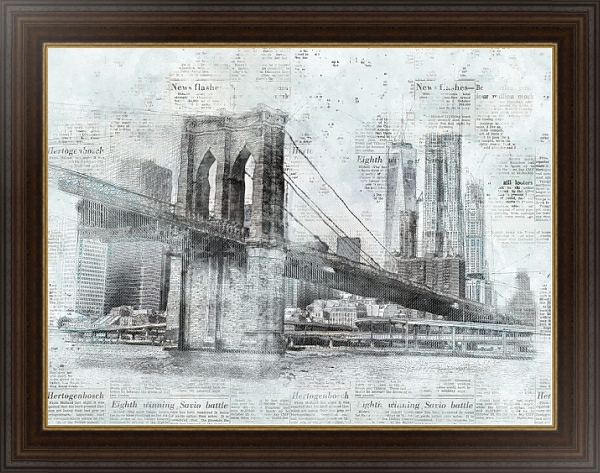 Постер Нью-Йоркский мост и газетные статьи с типом исполнения На холсте в раме в багетной раме 1.023.151