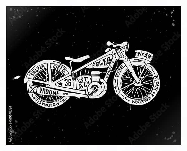 Постер Силуэт старинного мотоцикла, заполненный текстом с типом исполнения На холсте в раме в багетной раме 221-03