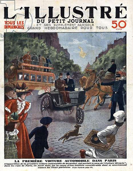 Постер First car in Paris, April 1891: Appearance of the first car of Serpollet that bore the name “Miracle Car”” in the streets of Paris in April 1891. A policeman rules traffic between omnibus, carriage and motor vehicle. Front page engraving of “” L'illustrio с типом исполнения На холсте без рамы