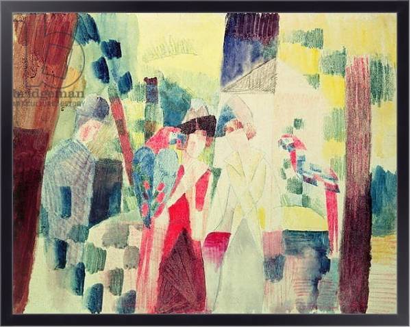 Постер Two Women and a Man with Parrots, 20th century с типом исполнения На холсте в раме в багетной раме 221-01