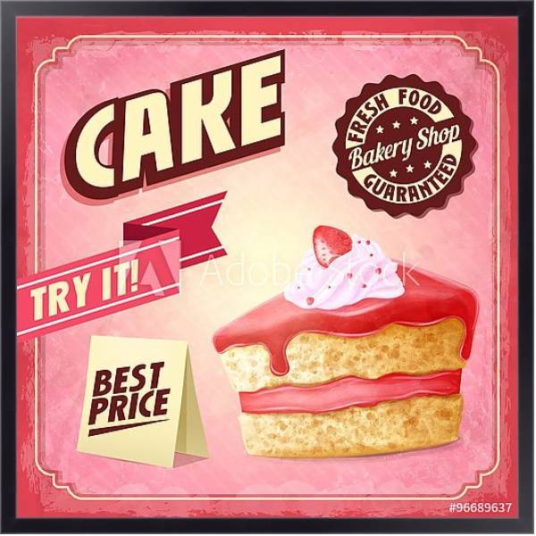 Постер Ретро плакат с кусочком клубничного торта с типом исполнения На холсте в раме в багетной раме 221-01