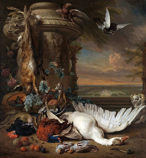 Постер Hunting and Fruit Still Life next to a Garden Vase, with a Monkey, Dog and two Doves с типом исполнения На холсте без рамы