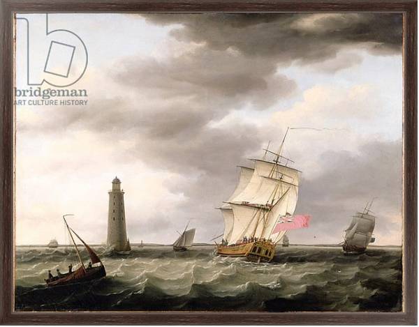 Постер A Man of War passing the Eddystone Lighthouse, c.1773 с типом исполнения На холсте в раме в багетной раме 221-02