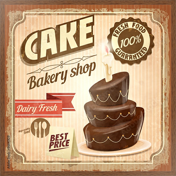 Постер Ретро плакат с шоколадным тортом с типом исполнения На холсте в раме в багетной раме 1727.4310