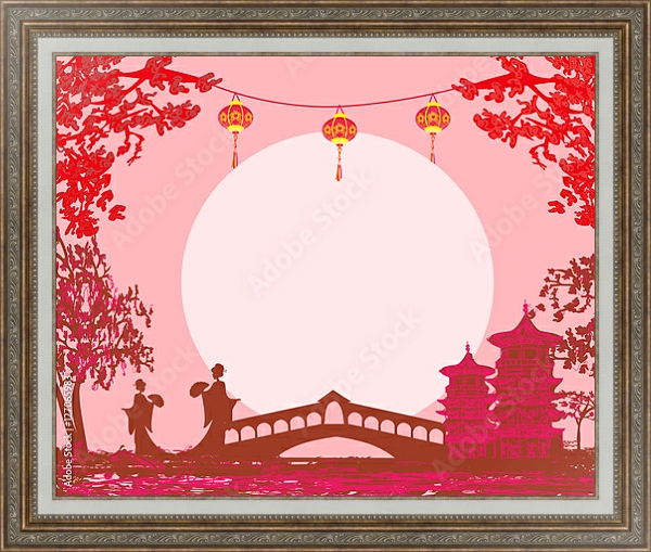 Постер Силуэт гейш в саду на закате с типом исполнения На холсте в раме в багетной раме 595.M52.330