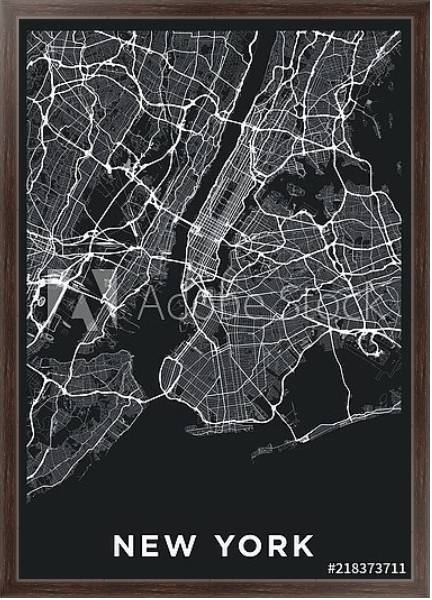 Постер Темная карта Нью-Йорка с типом исполнения На холсте в раме в багетной раме 221-02