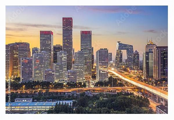 Постер Китай, Пекин.  Закат над Деловым районом с типом исполнения На холсте в раме в багетной раме 221-03