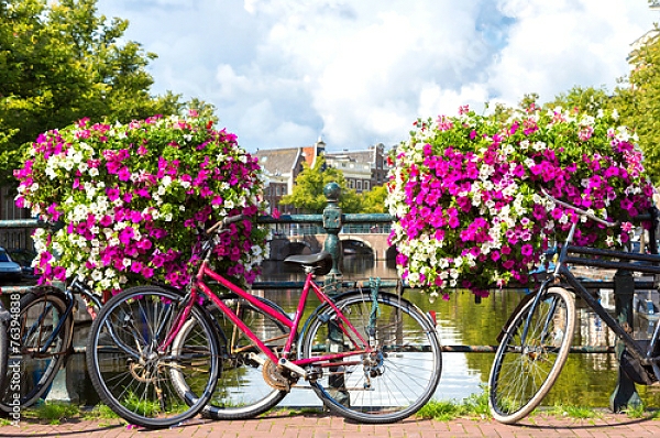Постер Голландия, Амстердам. Цветы и велосипеды у канала с типом исполнения На холсте без рамы