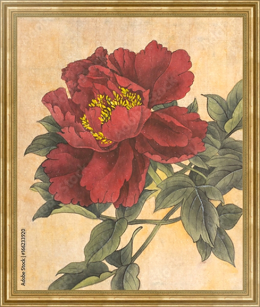 Постер Красный пион в ретро-стиле с типом исполнения На холсте в раме в багетной раме NA033.1.051