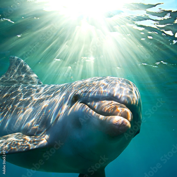 Постер Дельфин под водой с солнечными лучами с типом исполнения На холсте без рамы