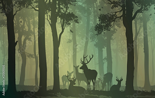 Постер Силуэты оленей в зеленом лесу с типом исполнения На холсте без рамы