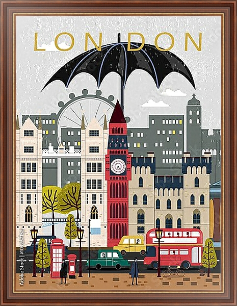 Постер Лондон, путешествия, плакат с типом исполнения На холсте в раме в багетной раме 35-M719P-83