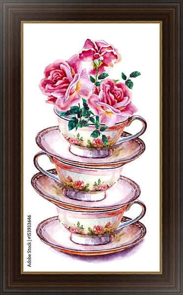 Постер Чашки чая и блюдца с цветами розы с типом исполнения На холсте в раме в багетной раме 1.023.151