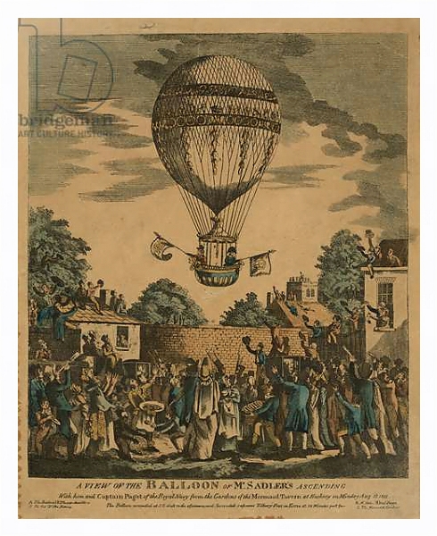 Постер A view of the balloon of Mr. Sadler's ascending with him and Captain Paget of the Royal Navy. August 12, 1811 с типом исполнения На холсте в раме в багетной раме 221-03
