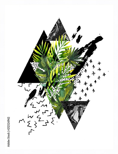 Постер Современный набор из акварельных листьев и геометрических форм с типом исполнения На холсте в раме в багетной раме 221-01