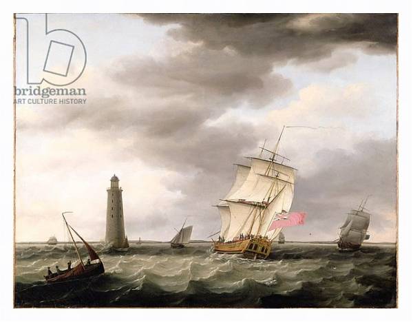 Постер A Man of War passing the Eddystone Lighthouse, c.1773 с типом исполнения На холсте в раме в багетной раме 221-03
