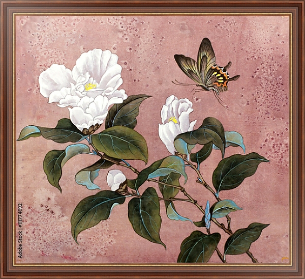 Постер Цветок азалии и бабочка с типом исполнения На холсте в раме в багетной раме 35-M719P-83