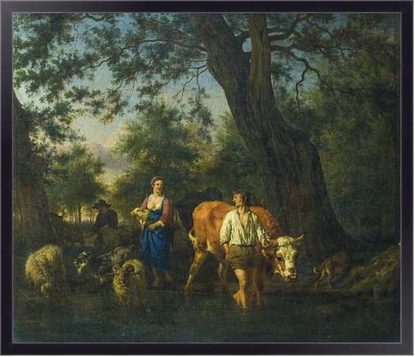 Постер Крестьяне со скотом переходям ручей с типом исполнения На холсте в раме в багетной раме 221-01