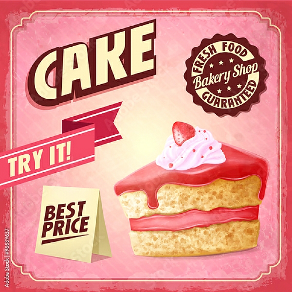 Постер Ретро плакат с кусочком клубничного торта с типом исполнения На холсте без рамы
