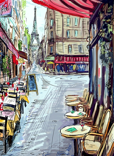 Постер Париж. Уличные кафе с типом исполнения На холсте без рамы