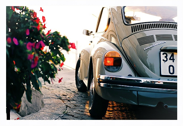 Постер Ретро-автомобиль у цветника с типом исполнения На холсте в раме в багетной раме 221-03