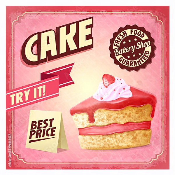 Постер Ретро плакат с кусочком клубничного торта с типом исполнения На холсте в раме в багетной раме 221-03
