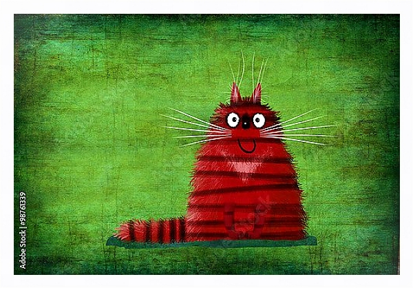 Постер Красный улыбающийся кот на зеленом фоне с типом исполнения На холсте в раме в багетной раме 221-03